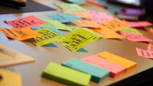 Post it collé un peu partout avec des écritures
